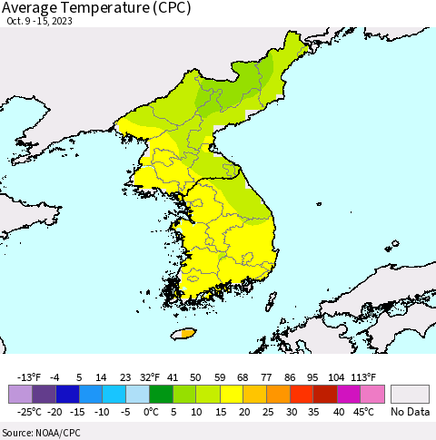 Korea Average Temperature (CPC) Thematic Map For 10/9/2023 - 10/15/2023