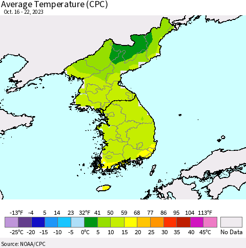 Korea Average Temperature (CPC) Thematic Map For 10/16/2023 - 10/22/2023