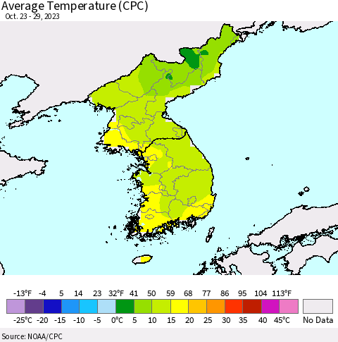 Korea Average Temperature (CPC) Thematic Map For 10/23/2023 - 10/29/2023
