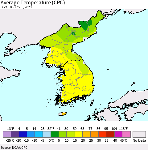 Korea Average Temperature (CPC) Thematic Map For 10/30/2023 - 11/5/2023