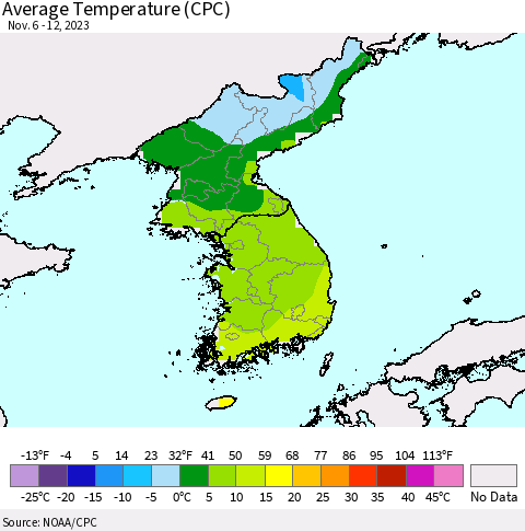 Korea Average Temperature (CPC) Thematic Map For 11/6/2023 - 11/12/2023