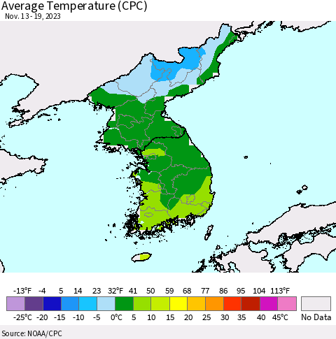 Korea Average Temperature (CPC) Thematic Map For 11/13/2023 - 11/19/2023