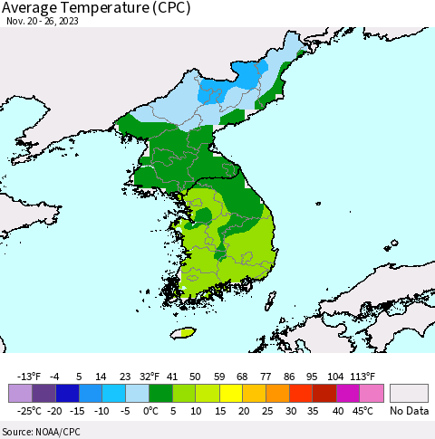 Korea Average Temperature (CPC) Thematic Map For 11/20/2023 - 11/26/2023