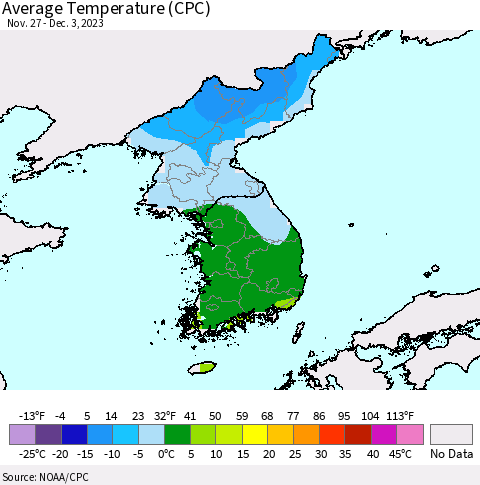 Korea Average Temperature (CPC) Thematic Map For 11/27/2023 - 12/3/2023