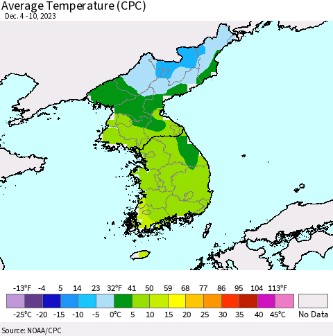 Korea Average Temperature (CPC) Thematic Map For 12/4/2023 - 12/10/2023