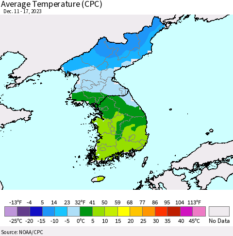 Korea Average Temperature (CPC) Thematic Map For 12/11/2023 - 12/17/2023