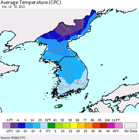 Korea Average Temperature (CPC) Thematic Map For 12/18/2023 - 12/24/2023