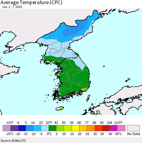 Korea Average Temperature (CPC) Thematic Map For 1/1/2024 - 1/7/2024