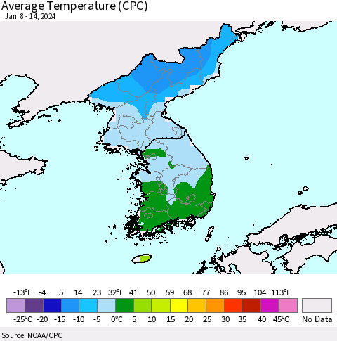 Korea Average Temperature (CPC) Thematic Map For 1/8/2024 - 1/14/2024