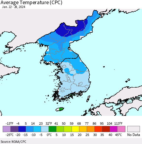 Korea Average Temperature (CPC) Thematic Map For 1/22/2024 - 1/28/2024