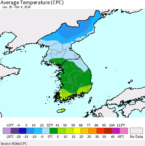 Korea Average Temperature (CPC) Thematic Map For 1/29/2024 - 2/4/2024