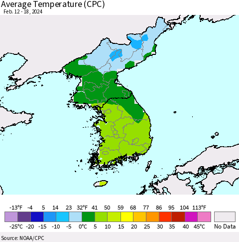 Korea Average Temperature (CPC) Thematic Map For 2/12/2024 - 2/18/2024