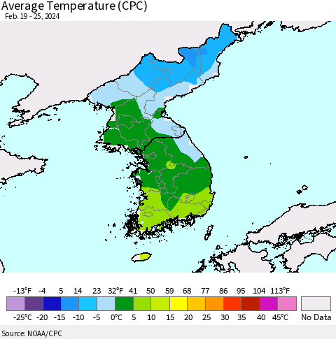 Korea Average Temperature (CPC) Thematic Map For 2/19/2024 - 2/25/2024