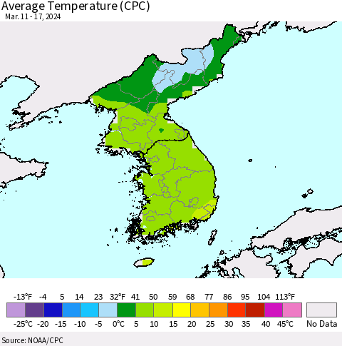Korea Average Temperature (CPC) Thematic Map For 3/11/2024 - 3/17/2024