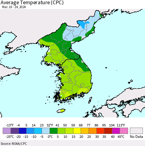 Korea Average Temperature (CPC) Thematic Map For 3/18/2024 - 3/24/2024