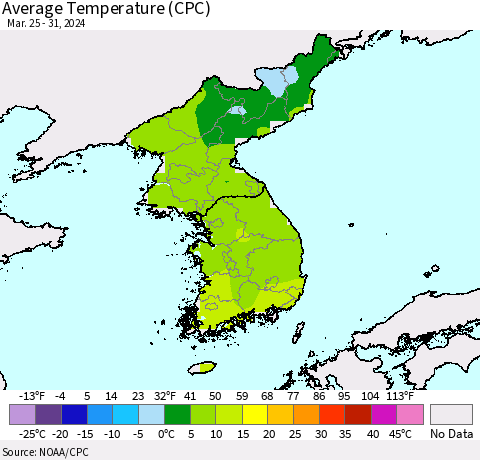 Korea Average Temperature (CPC) Thematic Map For 3/25/2024 - 3/31/2024