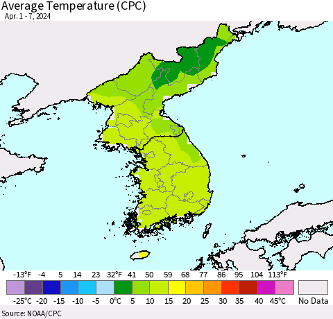 Korea Average Temperature (CPC) Thematic Map For 4/1/2024 - 4/7/2024