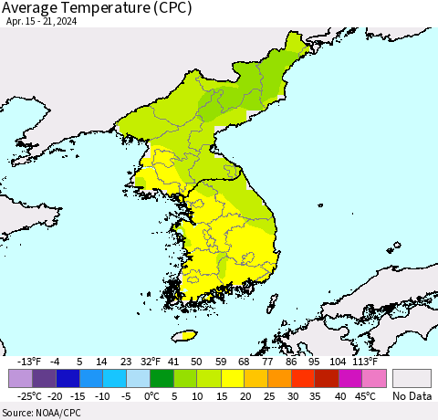 Korea Average Temperature (CPC) Thematic Map For 4/15/2024 - 4/21/2024