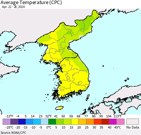 Korea Average Temperature (CPC) Thematic Map For 4/22/2024 - 4/28/2024