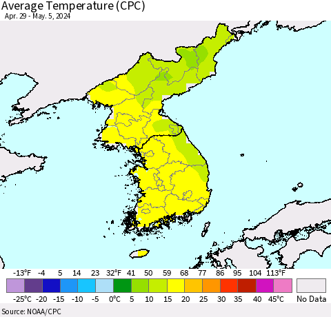 Korea Average Temperature (CPC) Thematic Map For 4/29/2024 - 5/5/2024