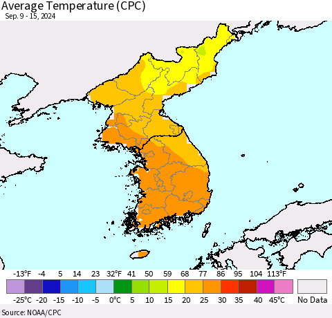 Korea Average Temperature (CPC) Thematic Map For 9/9/2024 - 9/15/2024