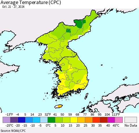 Korea Average Temperature (CPC) Thematic Map For 10/21/2024 - 10/27/2024
