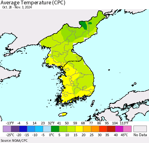 Korea Average Temperature (CPC) Thematic Map For 10/28/2024 - 11/3/2024