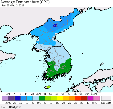 Korea Average Temperature (CPC) Thematic Map For 1/27/2025 - 2/2/2025