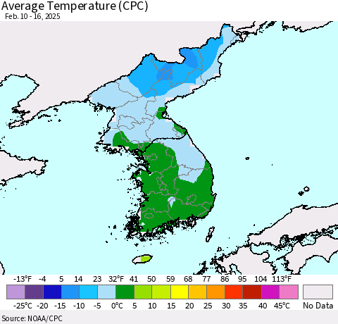 Korea Average Temperature (CPC) Thematic Map For 2/10/2025 - 2/16/2025