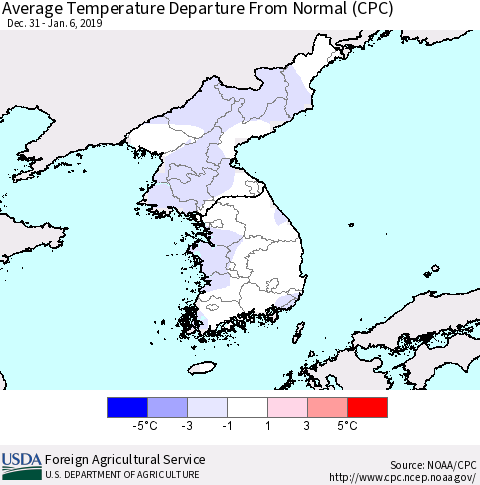 Korea Average Temperature Departure from Normal (CPC) Thematic Map For 12/31/2018 - 1/6/2019