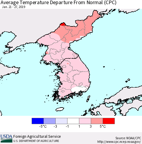 Korea Average Temperature Departure from Normal (CPC) Thematic Map For 1/21/2019 - 1/27/2019