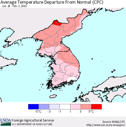 Korea Average Temperature Departure from Normal (CPC) Thematic Map For 1/28/2019 - 2/3/2019