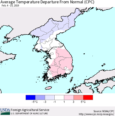 Korea Average Temperature Departure from Normal (CPC) Thematic Map For 2/4/2019 - 2/10/2019