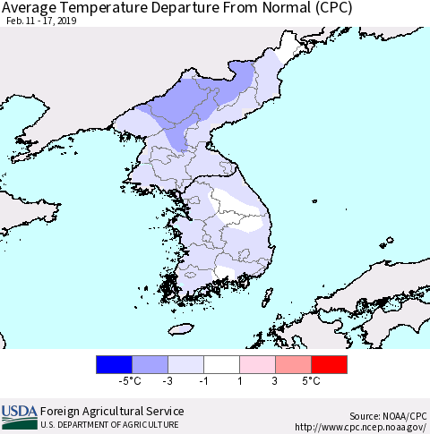 Korea Average Temperature Departure from Normal (CPC) Thematic Map For 2/11/2019 - 2/17/2019