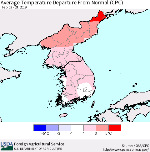 Korea Average Temperature Departure from Normal (CPC) Thematic Map For 2/18/2019 - 2/24/2019