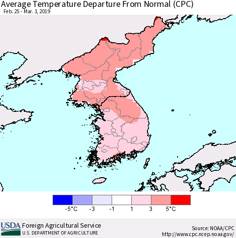 Korea Average Temperature Departure from Normal (CPC) Thematic Map For 2/25/2019 - 3/3/2019