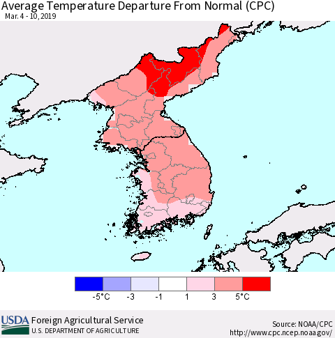 Korea Average Temperature Departure from Normal (CPC) Thematic Map For 3/4/2019 - 3/10/2019