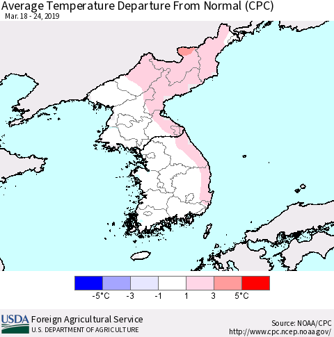 Korea Average Temperature Departure from Normal (CPC) Thematic Map For 3/18/2019 - 3/24/2019