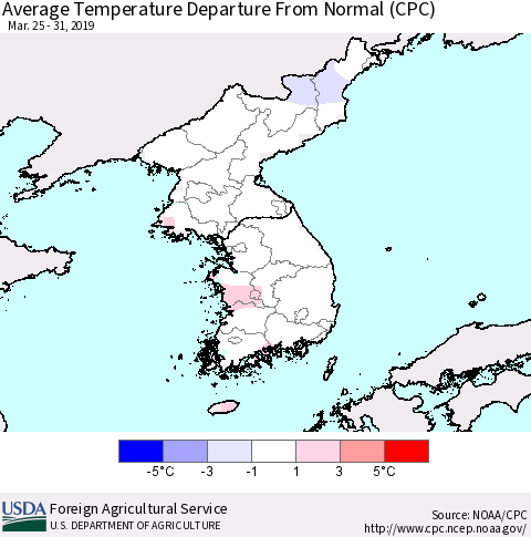 Korea Average Temperature Departure from Normal (CPC) Thematic Map For 3/25/2019 - 3/31/2019