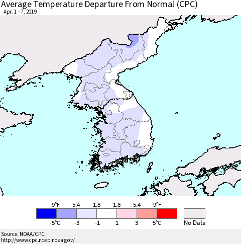 Korea Average Temperature Departure from Normal (CPC) Thematic Map For 4/1/2019 - 4/7/2019