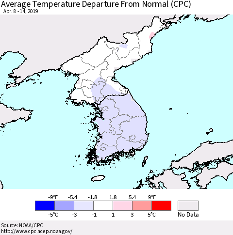 Korea Average Temperature Departure from Normal (CPC) Thematic Map For 4/8/2019 - 4/14/2019