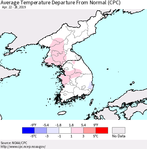 Korea Average Temperature Departure from Normal (CPC) Thematic Map For 4/22/2019 - 4/28/2019