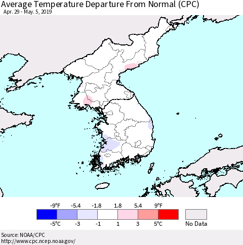 Korea Average Temperature Departure from Normal (CPC) Thematic Map For 4/29/2019 - 5/5/2019
