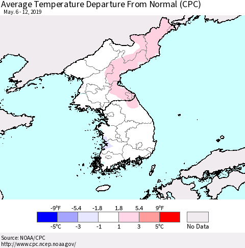 Korea Average Temperature Departure from Normal (CPC) Thematic Map For 5/6/2019 - 5/12/2019