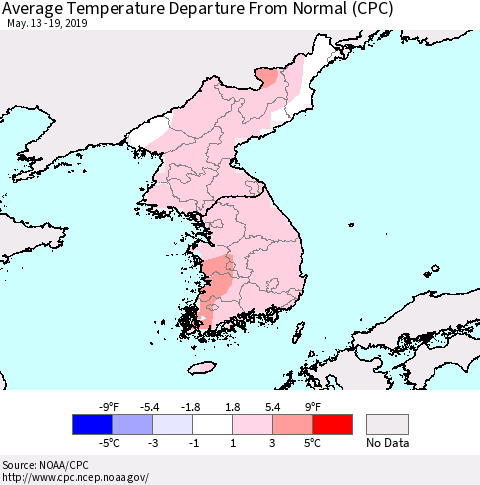 Korea Average Temperature Departure from Normal (CPC) Thematic Map For 5/13/2019 - 5/19/2019