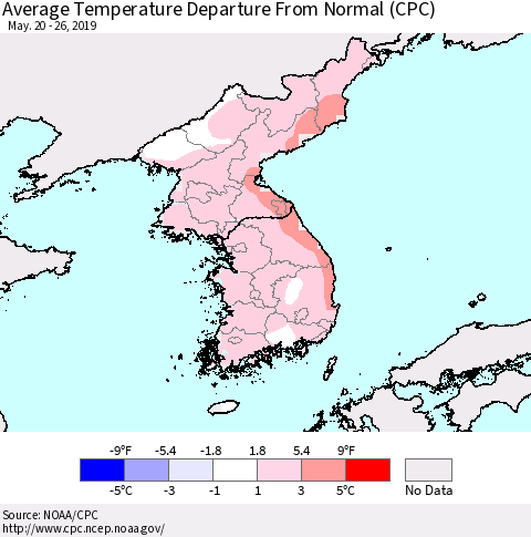 Korea Average Temperature Departure from Normal (CPC) Thematic Map For 5/20/2019 - 5/26/2019