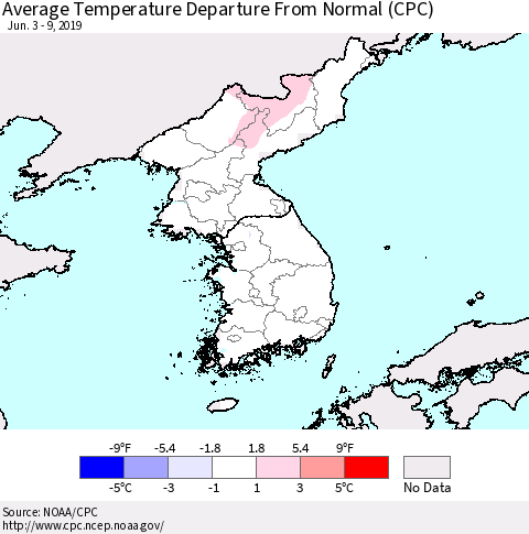 Korea Average Temperature Departure from Normal (CPC) Thematic Map For 6/3/2019 - 6/9/2019