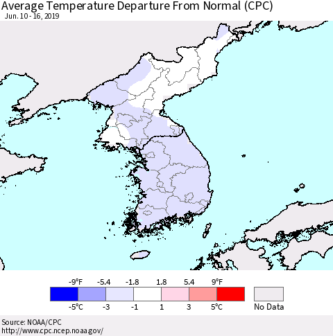 Korea Average Temperature Departure from Normal (CPC) Thematic Map For 6/10/2019 - 6/16/2019