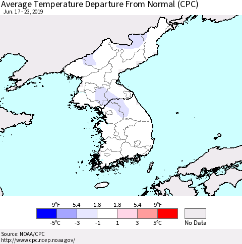 Korea Average Temperature Departure from Normal (CPC) Thematic Map For 6/17/2019 - 6/23/2019