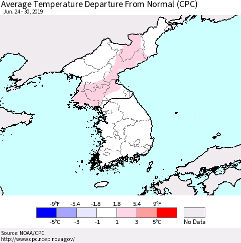 Korea Average Temperature Departure from Normal (CPC) Thematic Map For 6/24/2019 - 6/30/2019